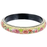 Bracelet jonc vintage motif floral en bois - 66 mm - Crème - Noir - Rouge x1