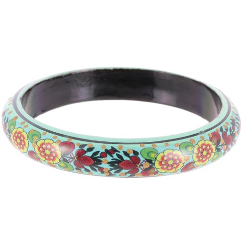 Bracelet jonc vintage motif floral en bois - 66 mm - Turquoise - Jaune - Noir x1