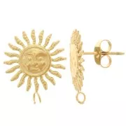 Clous d'oreilles soleil motif visage - 14 mm - Acier inoxydable 304L Doré x2