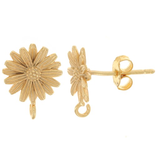 Clous d'oreilles Fleur Marguerite 9 mm avec anneau ouvert - Doré à l'or fin x2