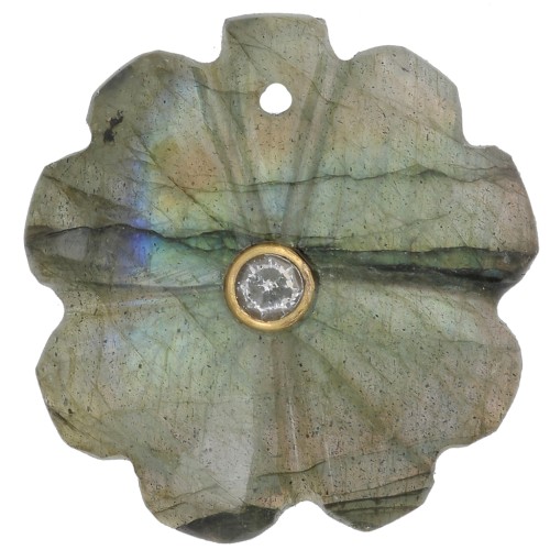 Pendentif trèfle 21 mm pierre gemme avec serti Doré Or fin - Labradorite - Crystal