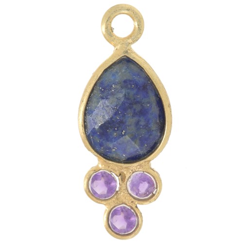 Pendentif goutte 18x7mm pierre gemme - Doré Or fin - Lapiz lazuli et Amethyste x1