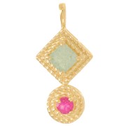 Pendentif ethnique 21x10 mm - Doré à l'or fin - Amazonite - Calcédoine rose x1