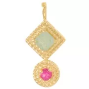 Pendentif ethnique 21x10 mm - Doré à l'or fin - Amazonite - Calcédoine rose x1