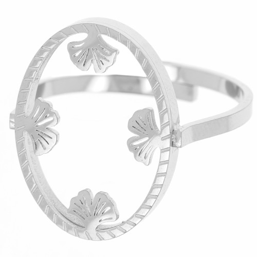 Bague ovale réglable - motif ginkgo - cabochon plat 18x13 mm Acier inox 316L x1