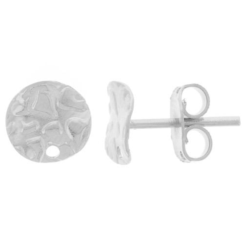 Clous d'oreilles disque martelé et ondulé avec un trou - 8 mm - Placage argent fin x2