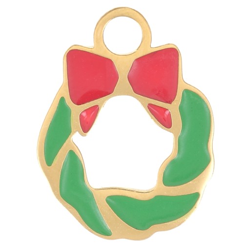 Breloque couronne de Noël 11mm Resine époxy - Acier inoxydable 316L Doré - Vert x1