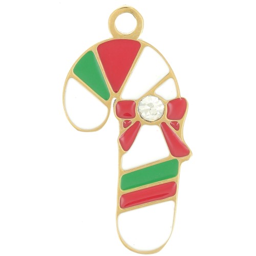 Breloque canne de Noël 20x10mm Resine époxy -Acier inox 316L Doré - Rouge Blanc x1