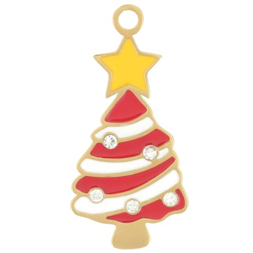 Pendentif sapin de Noël 27x13 mm - Resine époxy - Acier inox 316L Doré - Rouge x1