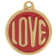 Pendentif rond LOVE - 18 mm - Résine époxy - Acier inoxydable 304L Doré - Rouge x1|raw }}