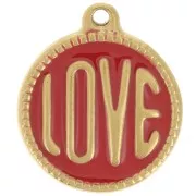Pendentif rond LOVE - 18 mm - Résine époxy - Acier inoxydable 304L Doré - Rouge x1