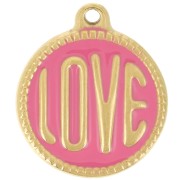 Pendentif rond LOVE - 18 mm - Résine époxy - Acier inoxydable 304L Doré - Rose x1|raw }}
