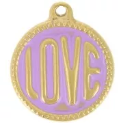 Pendentif rond LOVE - 18 mm - Résine époxy Acier inoxydable 304L Doré - Violet x1