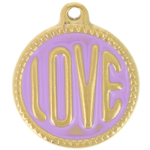 Pendentif rond LOVE - 18 mm - Résine époxy Acier inoxydable 304L Doré - Violet x1