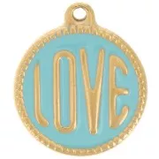 Pendentif rond LOVE - 18 mm Résine époxy Acier inoxydable 304L Doré - Turquoise x1