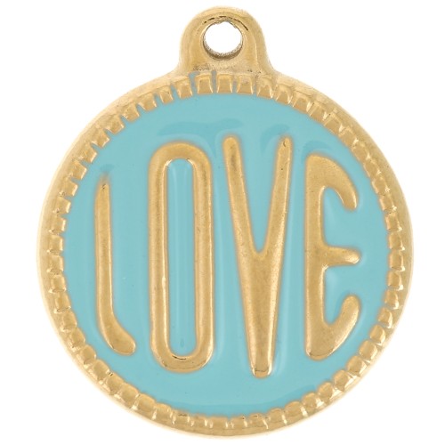 Pendentif rond LOVE - 18 mm Résine époxy Acier inoxydable 304L Doré - Turquoise x1