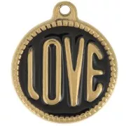 Pendentif rond LOVE - 18 mm - Résine époxy - Acier inoxydable 304L Doré - Noir x1
