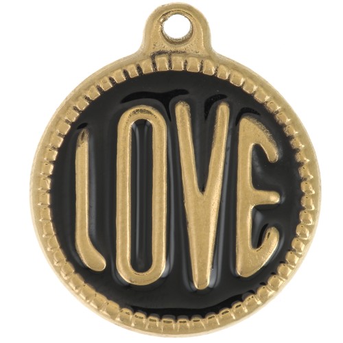 Pendentif rond LOVE - 18 mm - Résine époxy - Acier inoxydable 304L Doré - Noir x1