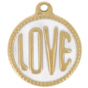 Pendentif rond LOVE - 18 mm - Résine époxy - Acier inoxydable 304L Doré - Blanc x1