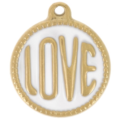 Pendentif rond LOVE - 18 mm - Résine époxy - Acier inoxydable 304L Doré - Blanc x1