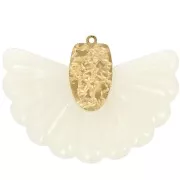 Pendentif éventail 28.5x40 mm en résine et Acier inox 316L Doré - Ecru marbré x1