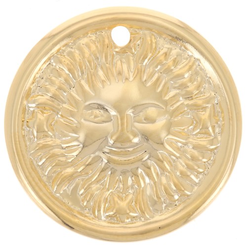 Pendentif rond bombé 22 mm - motif soleil - Doré à l'or fin x1