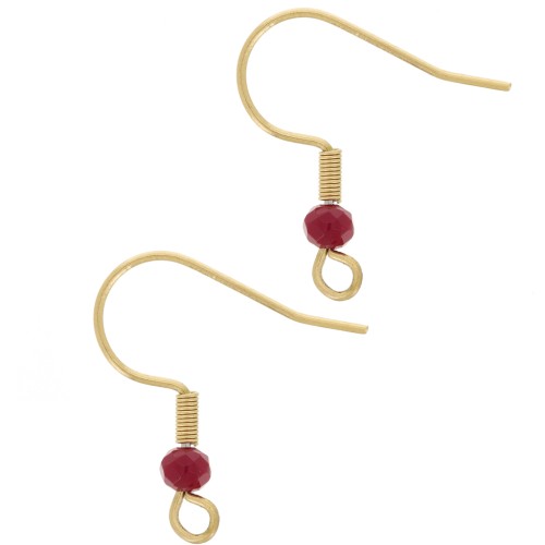 Crochets d'oreilles 20 mm perle verre facettée - Acier inox 304L Doré - Rouge x2