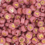 Assortiment de 200 perles plates lettres alphabet 7 mm - Rose foncé - Doré
