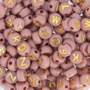 Assortiment de 200 perles plates lettres alphabet 7 mm - Vieux rose - Doré