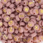 Assortiment de 200 perles plates lettres alphabet 7 mm - Vieux rose - Doré