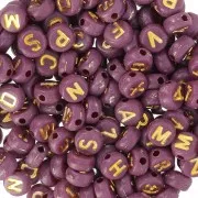 Assortiment de 200 perles plates lettres alphabet 7 mm - Prune - Doré