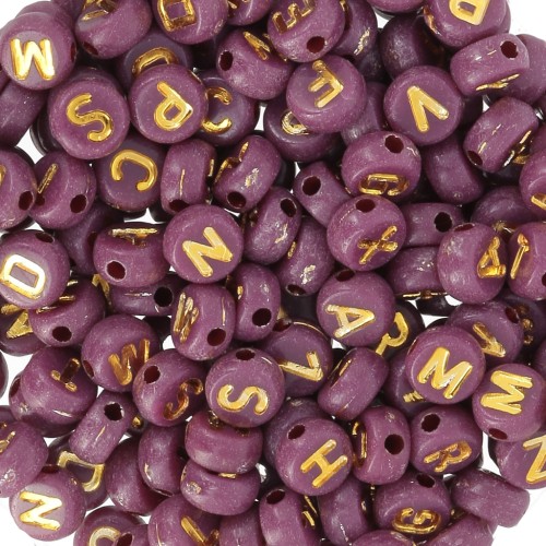 Assortiment de 200 perles plates lettres alphabet 7 mm - Prune - Doré