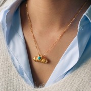 Pendentif tube ethnique 15x30mm cabochon pierre gemme Doré Or fin - Quartz rose