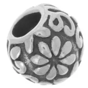 Perle ronde aplatie 11 mm gros trou - motif fleur - Acier inoxydable 304L x1