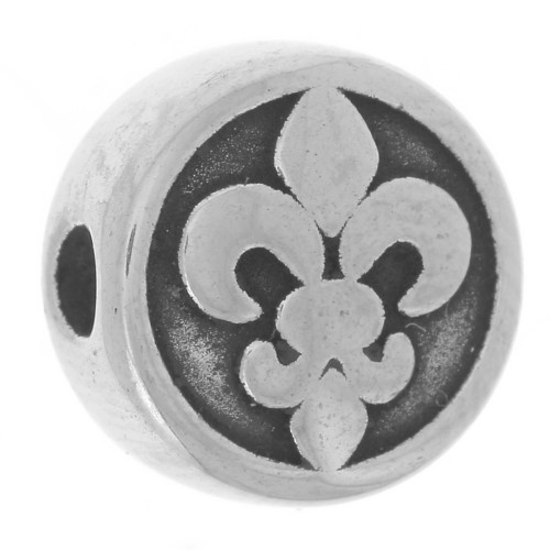 Perle plate ronde 10 mm - motif Fleur de Lys - Acier inoxydable 304L x1