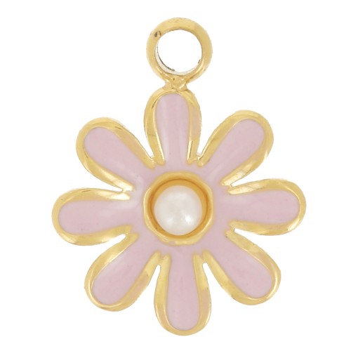 Breloque fleur 7.5mm avec cabochon imitation nacre Acier inoxydable 304L Doré x1