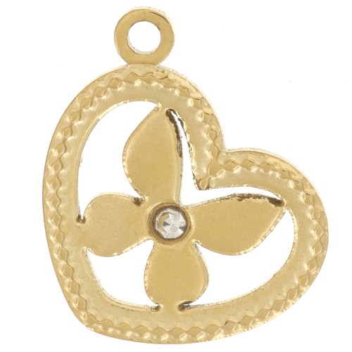 Breloque coeur motif papillon 12x9 mm - Acier inoxydable 316L Doré x1