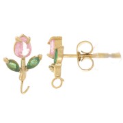 Clous d'oreilles fleur 11x7mm anneau ouvert et CZ Acier inox 304L Doré - Rose x2|raw }}