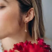 Clous d'oreilles fleur 11x7mm anneau ouvert et CZ Acier inox 304L Doré - Rose x2