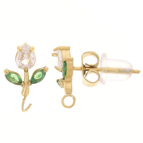 Clous d'oreilles fleur 11x7mm anneau ouvert et CZ Acier inox 304L Doré - Crystal