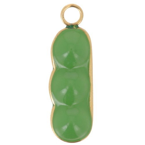 Pendentif cosse de petit pois 21x7 mm résine époxy - Acier inox 304L Doré - Vert