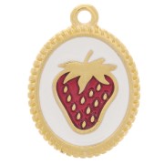 Pendentif ovale 19x14 mm - motif fraise - Doré à l'or fin - Blanc - Rouge x1