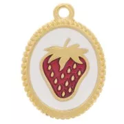 Pendentif ovale 19x14 mm - motif fraise - Doré à l'or fin - Blanc - Rouge x1