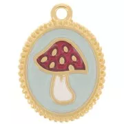 Pendentif ovale 19x14 mm - motif champignon - Doré à l'or fin - Bleu - Rouge x1