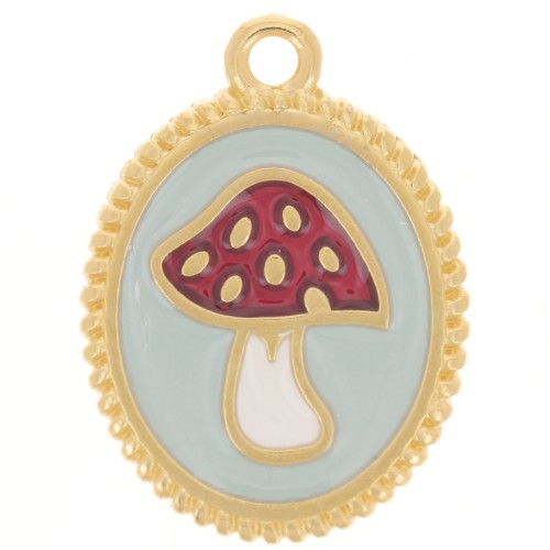 Pendentif ovale 19x14 mm - motif champignon - Doré à l'or fin - Bleu - Rouge x1