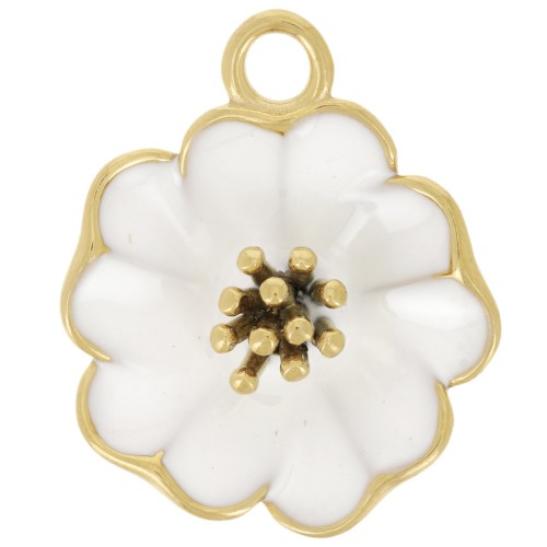 Pendentif fleur 22 mm avec résine époxy - Acier inox 304L Doré - Blanc x1