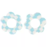 Pendentif fleur 18 mm en acetate - Carreaux Bleu ciel - Blanc x1