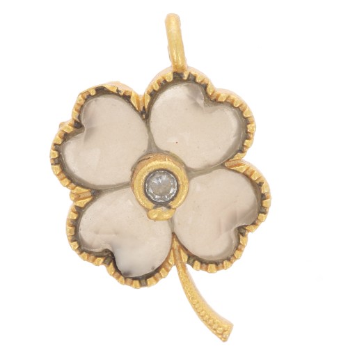 Pendentif fleur 21x13mm cabochons gemme et CZ Doré Or fin - Pierre de lune peach