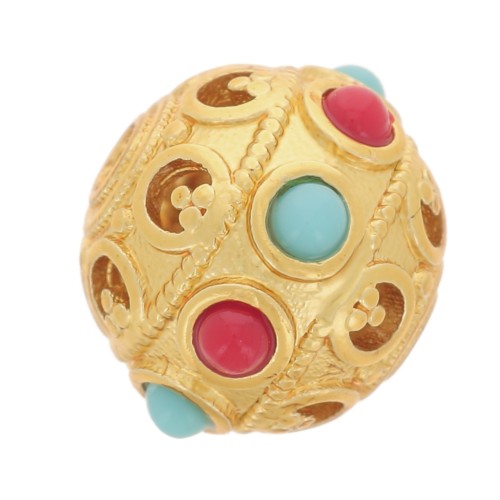 Perle ronde aplatie travaillée 9.5x8 mm avec imitation gemme - Doré à l'or fin