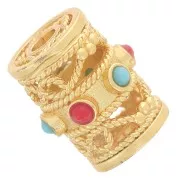 Perle tube ajouré travaillé 12x9 mm - imitation pierres gemme - Doré à l'or fin